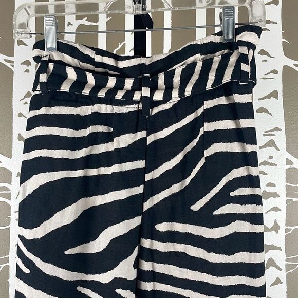 Linen Blend Zebra Print High Rise Paper Bag Waist Tapered Cropped Pants NEW 6 - Picture 6 of 9